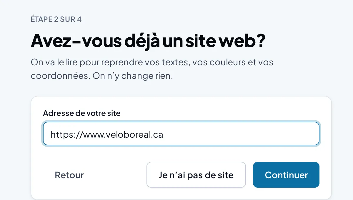 The “Do you already have a website?” onboarding step, with a field for the current site’s address.