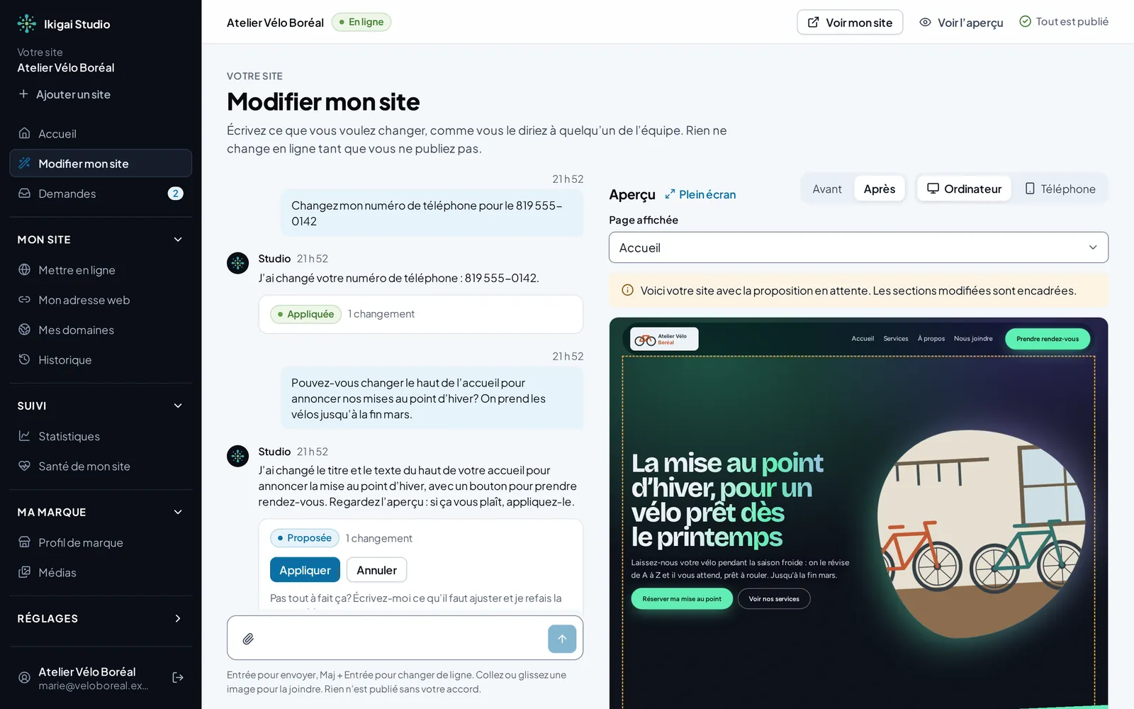 The Ikigai Studio app: on the left, a plain-language request to change the top of the home page and Studio’s proposal with Apply and Cancel buttons; on the right, a preview of the site with the proposed change.