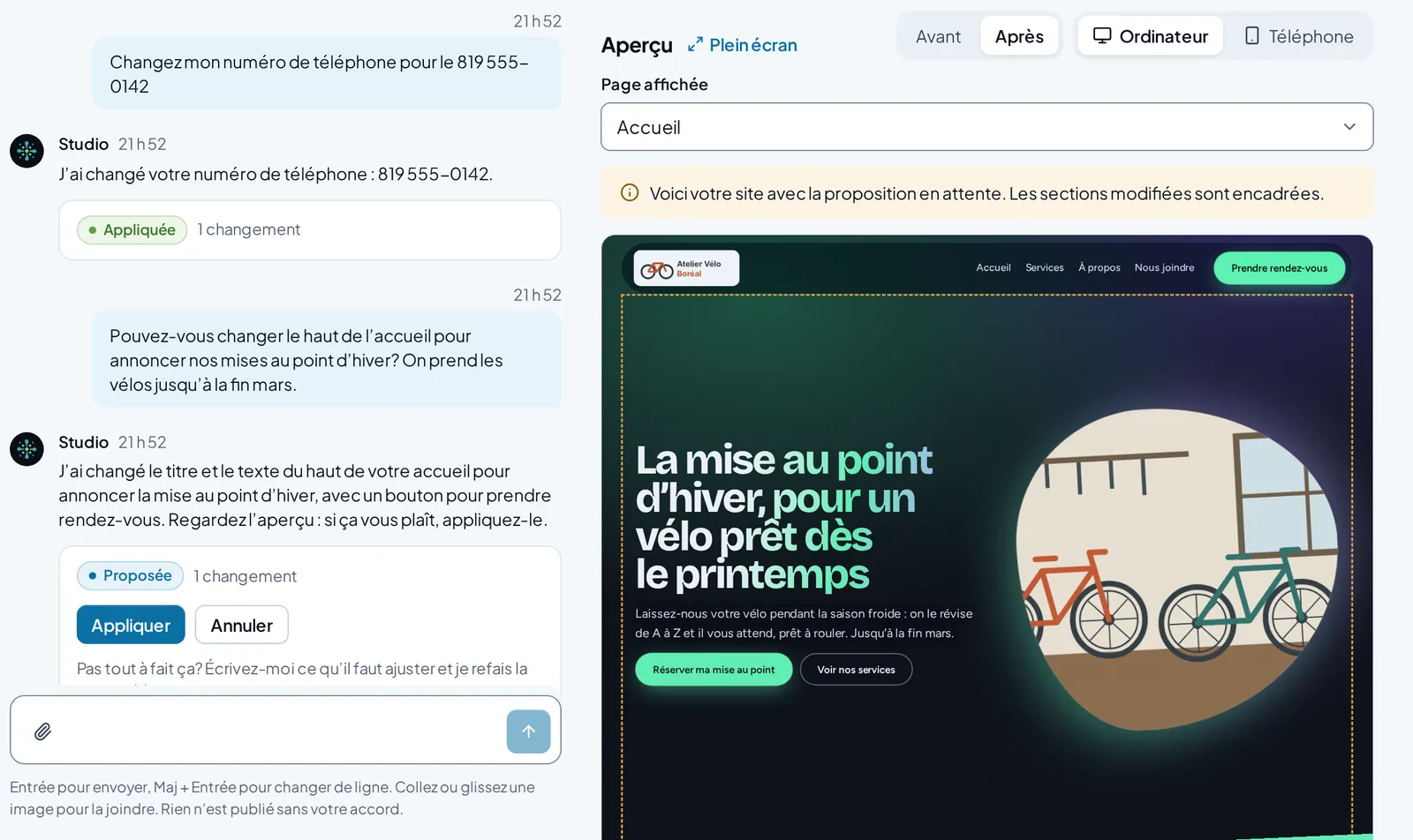A request typed in the Ikigai Studio chat and the proposed change, with a preview of the site before publishing.