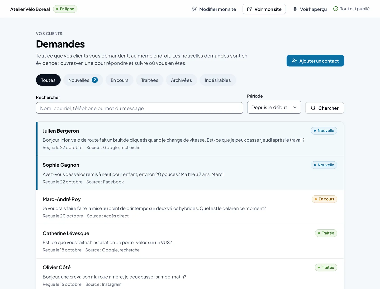 The list of inquiries received through the site’s form, each with its status: new, in progress or done.
