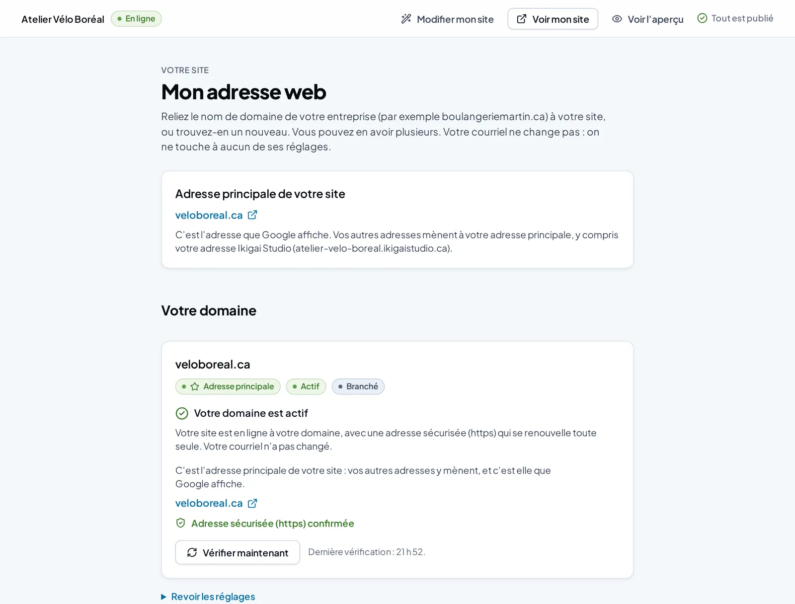The “My web address” page: the business’s domain is active and set as the main address, with a confirmed secure address.