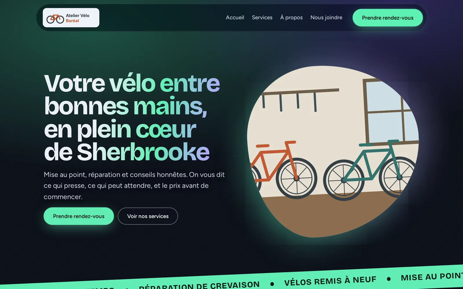 The home page of a site created by Ikigai Studio for a bike shop: a large headline, two buttons and an illustration.